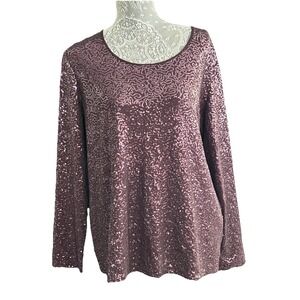 Marina Rinaldi Burgundy Beaded Sequined Pullover Round Neck Long Sleeve Top L